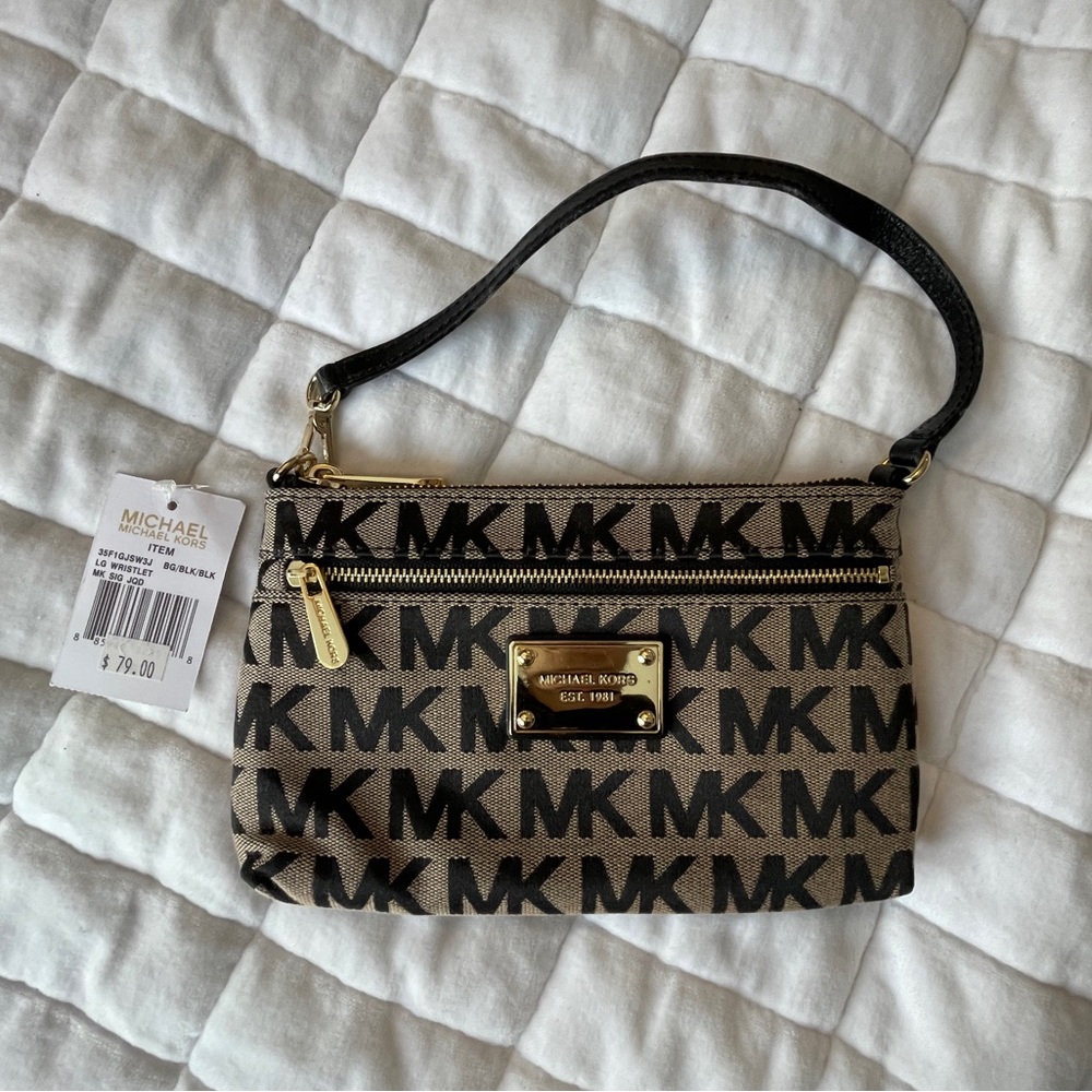 Michael Kors Black and Tan Logo Wristlet